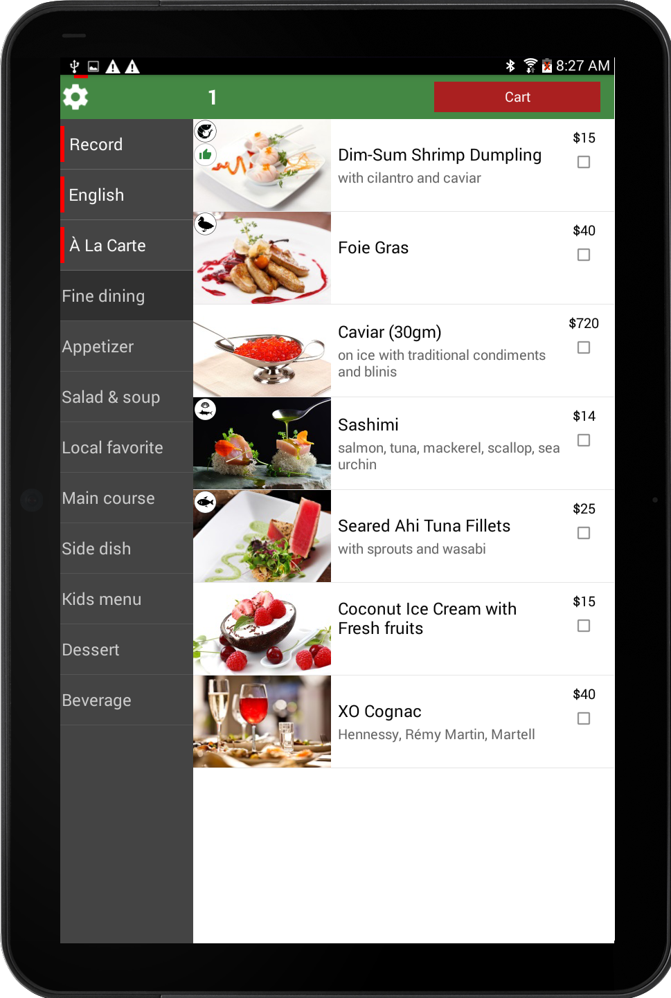 iPad restaurant menu
